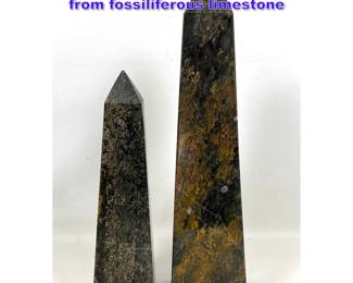 Lot 749 Pair Polished stone obelisks crafted from fossiliferous limestone