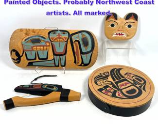 Lot 1105 4pc Carved Wood Polychrome Painted Objects. Probably Northwest Coast artists. All marked.