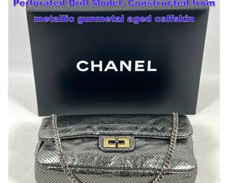 Lot 986 Chanel 2.55 Flap Bag Purse. Perforated Drill Model. Constructed from metallic gunmetal aged calfskin