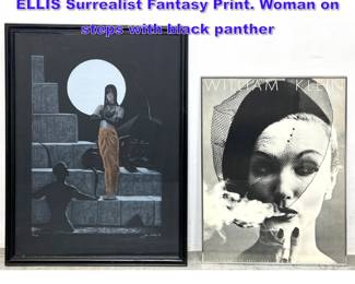 Lot 940 2pc 20th C Framed Art. 1 STEVE W. ELLIS Surrealist Fantasy Print. Woman on steps with black panther