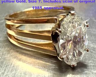 Lot 985 1.97 CT Oval Diamond Ring set 14K yellow Gold. Size 7. Includes scan of original 1985 appraisal. 