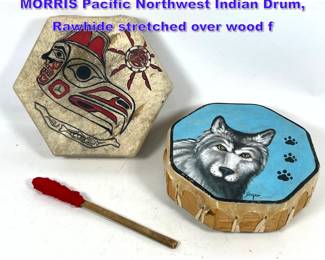 Lot 1086 2pc Hand Painted Drums. 1 GERRY MORRIS Pacific Northwest Indian Drum, Rawhide stretched over wood f