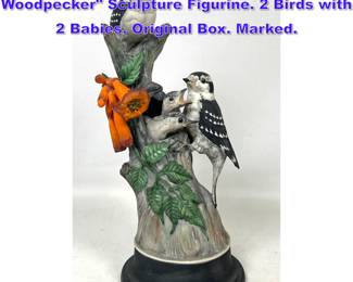 Lot 971 BOEHM POrcelain Downy Woodpecker Sculpture Figurine. 2 Birds with 2 Babies. Original Box. Marked. 