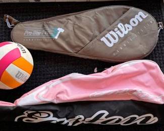 Wilson volleyball and racquet with case, softball bat and ball bag