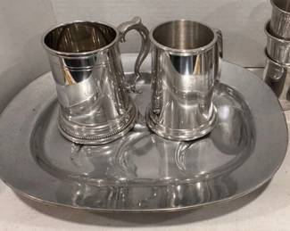 Pewter platter and steins