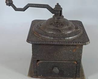 Hand crank cast iron and wood coffee grinder