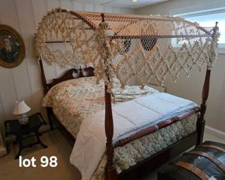 Vintage mahogany bed and table, convex glass framed portrait, dome top trunk