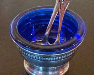 Sterling cup with cobalt insert, spoons 