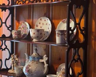 Mahogany shelf and various porcelain pieces