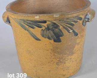 Salt glazed crock, cobalt blue double handled