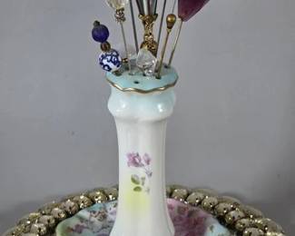 Vintage hat pins,  porcelain holder and glass jeweled tray