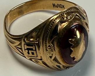10K Yellow Gold 1954 Class Ring with Red Stone and Monogram