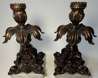 Pair of Ornate Bronze Candlesticks with Marble Bases, Louis XVI Style