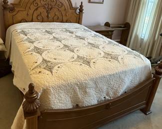 Queen Size Wooden Bed Frame with Carved Headboard, Lexington Victorian Sampler Style