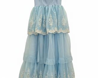 Vintage Light Blue Tiered Lace Formal Gown - 1980s Style