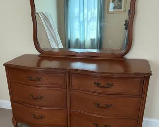 Bassett French Provincial Style Cherry Dresser with Mirror and Tall Dresser