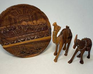 Carved Olive Wood Nativity Scene Plaque with Camel and Donkey Figures from Israel 
