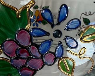 Fifth Avenue Crystal Hand-Painted Fruit and Floral Glass Bowl with Gold Rim