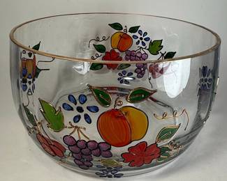 Fifth Avenue Crystal Hand-Painted Fruit and Floral Glass Bowl with Gold Rim