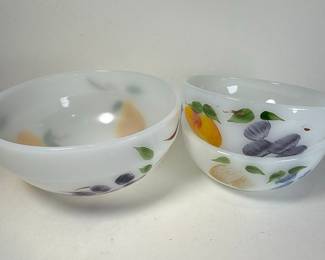Fire-King "Gay Fad" Fruit Pattern Milk Glass Mixing Bowls