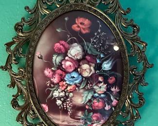 Ornate Oval Framed Floral Prints with Convex Glass
