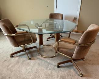 Chromcraft Octagonal Glass Top Dining Table with Swivel Chairs