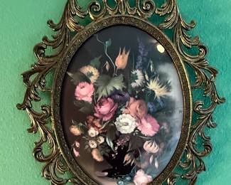 Ornate Oval Framed Floral Prints with Convex Glass