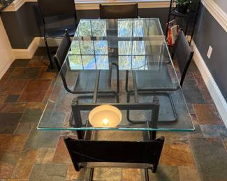 Vintage Mart Stam Style Glass Table and 5 Leather Cantilever Chairs- made in Italy- $850 for the set - 65 inches long, 29 tall, 36 wide