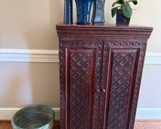 Antique Wooden Hand Carved Armoire- 45 inches tall, 29 inches wide, 15 deep