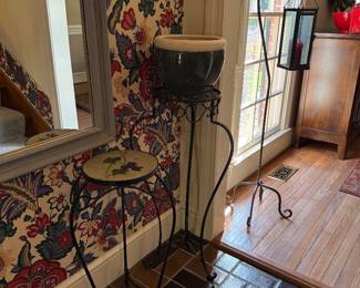 2 plant stands and metal hook with candle holder and ceramic pot-$45 for all