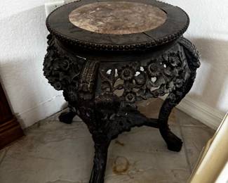 Antique Chinese Carved Rosewood Plant Stand with Marble Top