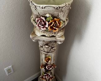 Vintage Capodimonte Style Porcelain Pedestal Urn with Applied Roses
