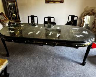 Black Lacquer Mother-of-Pearl Inlay Dining Set with 2 Armchairs and 4 Side Chairs