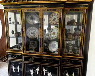 Chinoiserie Black Lacquer Breakfront China Cabinet