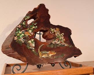 Hand-Painted Wood Slice Art with Chipmunks and Berries