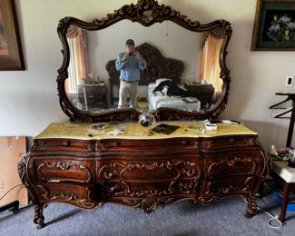 Ornate Carved Mahogany Dresser with Mirror