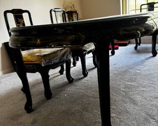 Black Lacquer Mother-of-Pearl Inlay Dining Set with 2 Armchairs and 4 Side Chairs