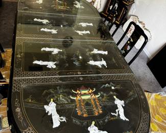Black Lacquer Mother-of-Pearl Inlay Dining Set with 2 Armchairs and 4 Side Chairs