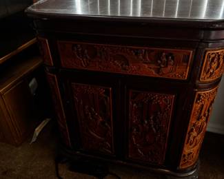 Mid-Century Hand-Carved Asian Rosewood Bar Cabinet