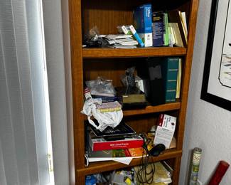 Wooden Bookshelf with Assorted Items