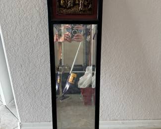 Black Lacquer Asian Mirror with Carved Panels