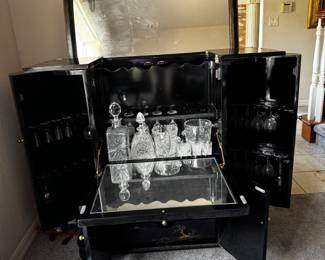 Black Lacquer Mother of Pearl Asian Bar Cabinet with Mirror