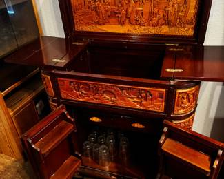 Mid-Century Hand-Carved Asian Rosewood Bar Cabinet