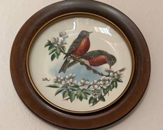 Framed Porcelain Plate with American Robins and Blossoms, Signed Balke