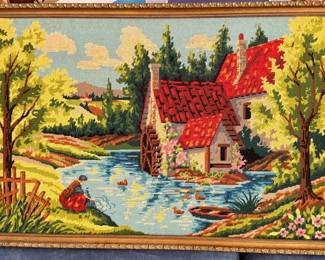 Vintage Needlepoint Landscape with Waterfall and Cottage
