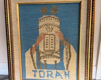 Framed Needlepoint Judaica Torah Scroll Art