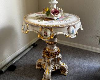 Capodimonte Porcelain Pedestal Table with Candlestick Holder