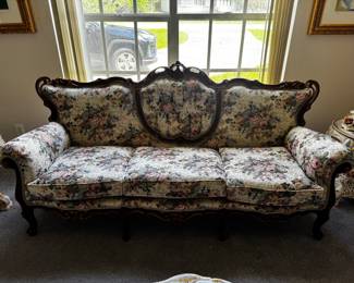 Ornately Carved Floral Tapestry Sofa