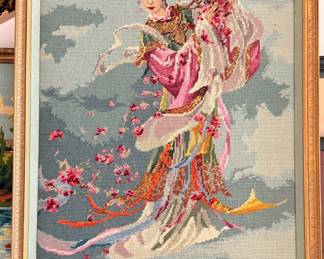 Geisha with Flowers Needlepoint Art