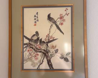 Asian Silk Embroidery Painting of Birds and Blossoms